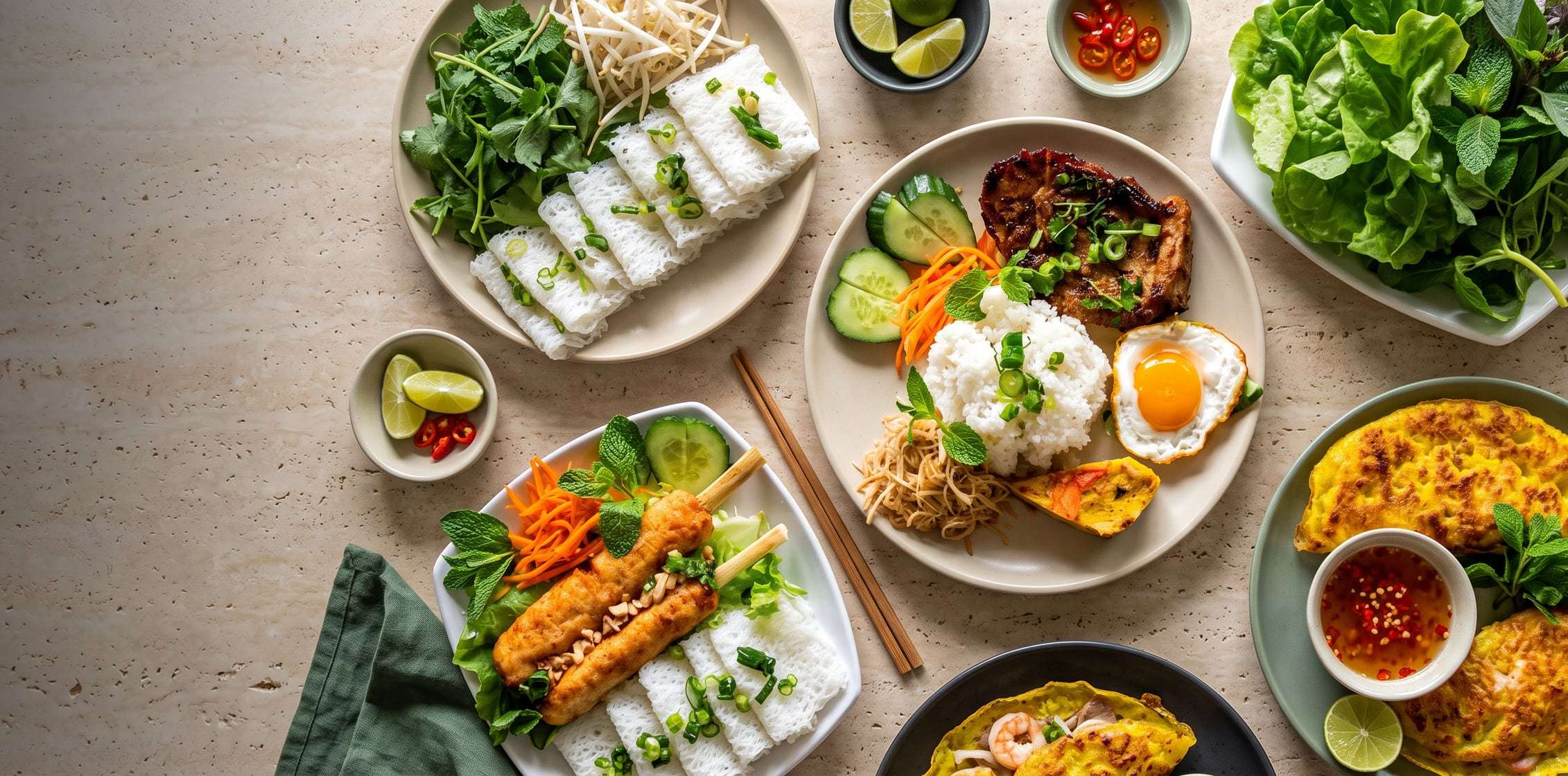 Bàn tiệc món Việt: cơm tấm sườn trứng, bánh hỏi chạo tôm và bánh xèo