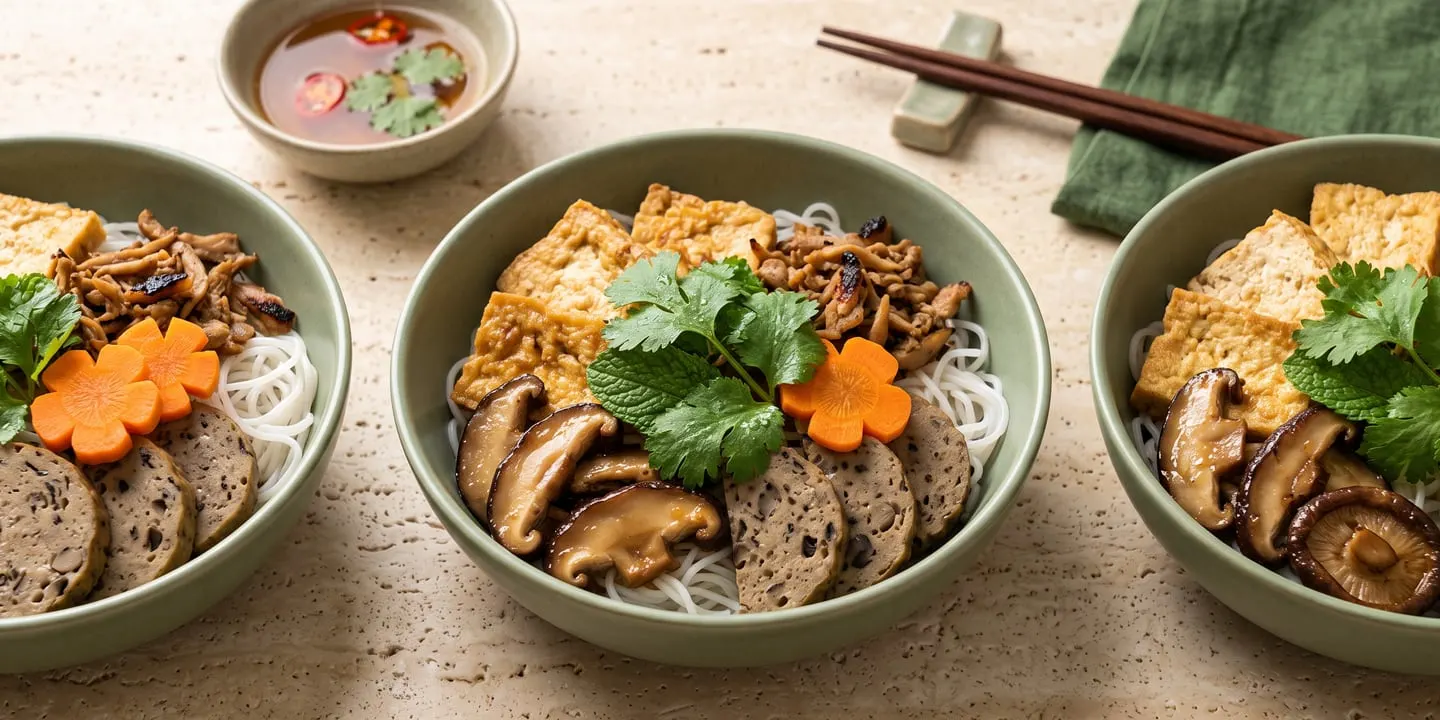 Bowls of vegetarian rice noodles with tofu, mushrooms and herbs