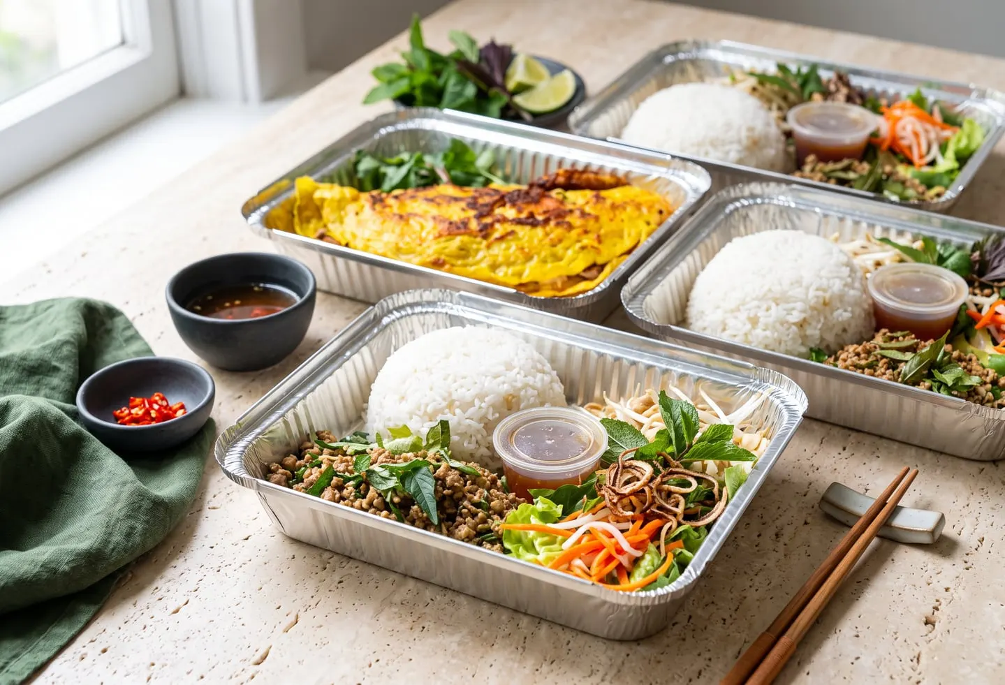 Take-away trays of rice dishes with fresh herbs and dipping sauce