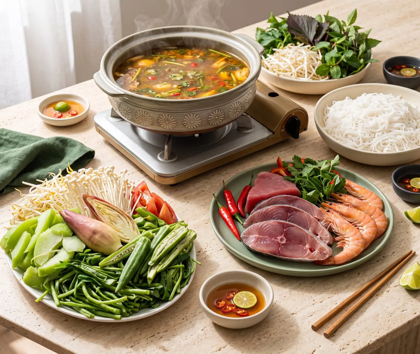 Nguyên liệu lẩu: rau, nấm, cá và tôm tươi